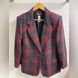 Vintage Sag Harbor Red Green Plaid Wool Blend Blazer Women’s 10
